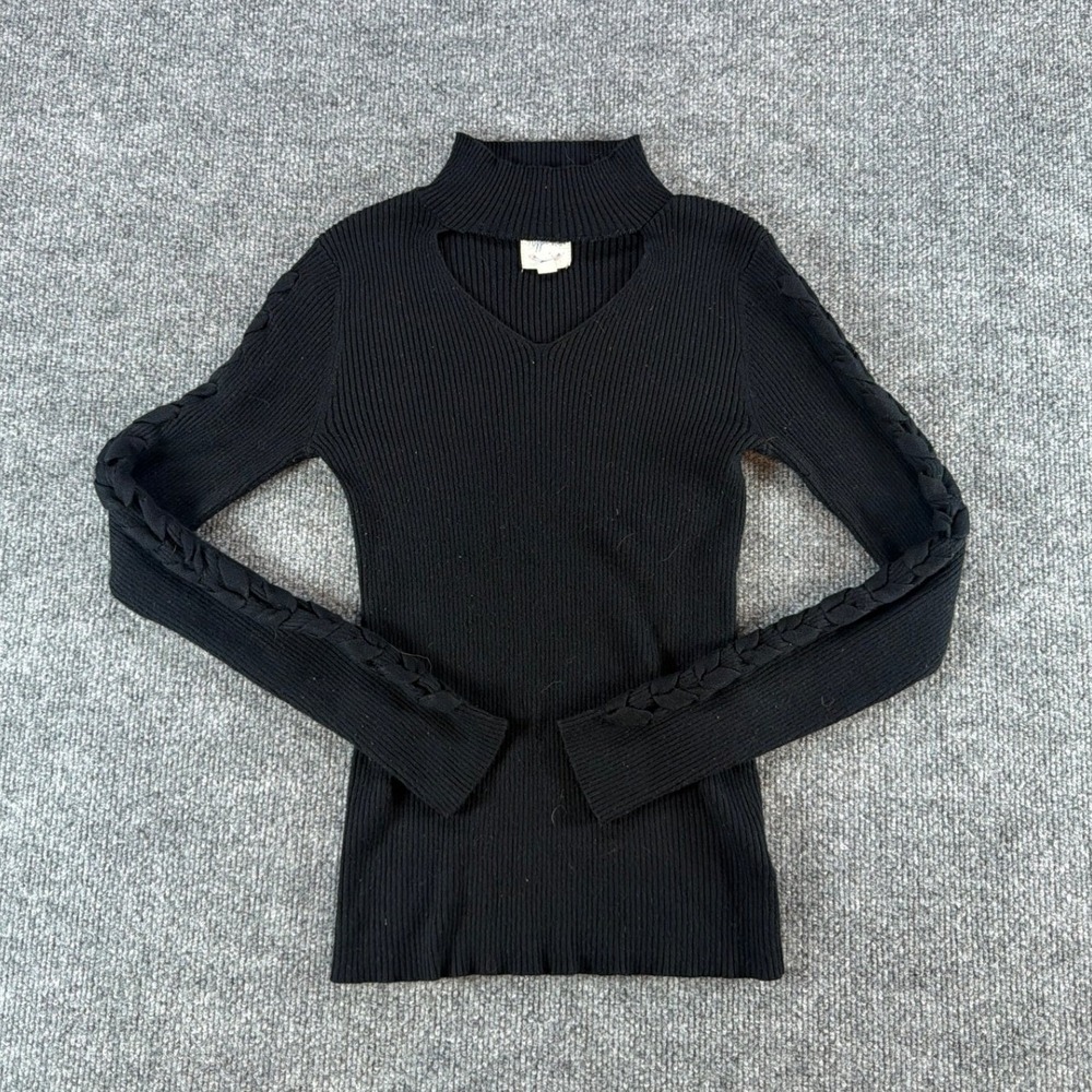 Hippie Rose‎ Womens Black Ribbed Cutout Mock Neck Braided Sleeve Sweater Small